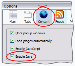 Tools -> Options -> Content -> Enable Java checkbox
