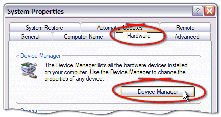 Click the 'Hardware' tab at the top, and then click on the button labelled 'Device Manager'...