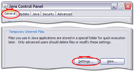JJava Control Panel->General->Temporary Internet Files->Settings...