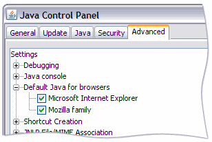 Advanced Tab, default Java for browsers