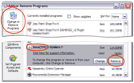 Remove Java in the Add or Remove programs window